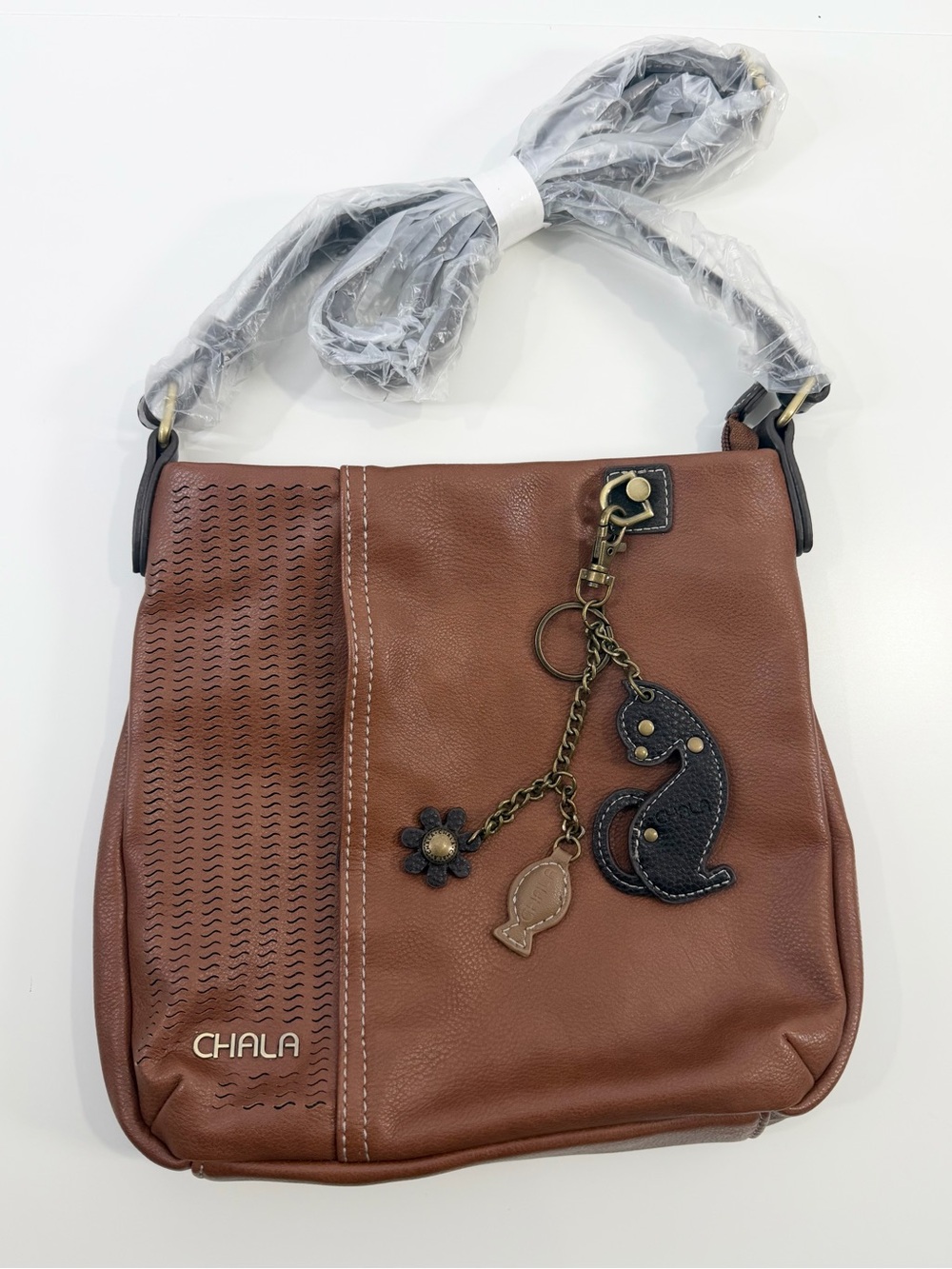 Chala Laser Cut Cross Body Bag with Cat Keychain
